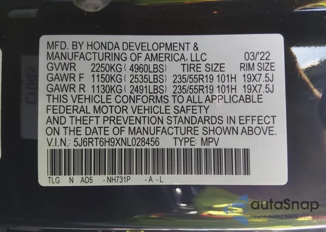 2022 Honda Cr-V Hybrid Touring from USA, damaged, VIN 5J6RT6H9XNL028456